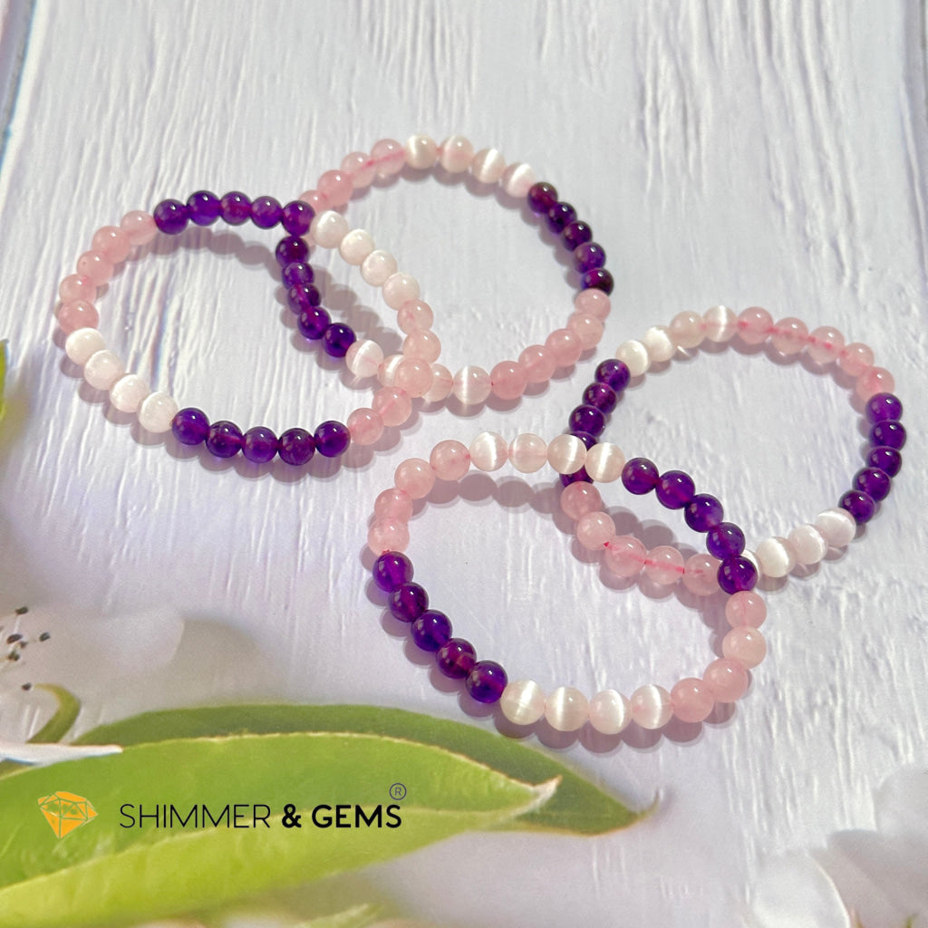 Happiness & Love 6Mm Bracelet (Rose Quartz Selenite Amethyst)