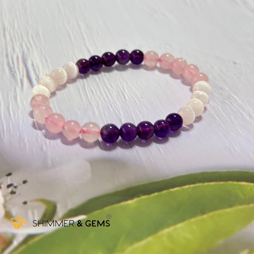 Happiness & Love 6Mm Bracelet (Rose Quartz Selenite Amethyst)