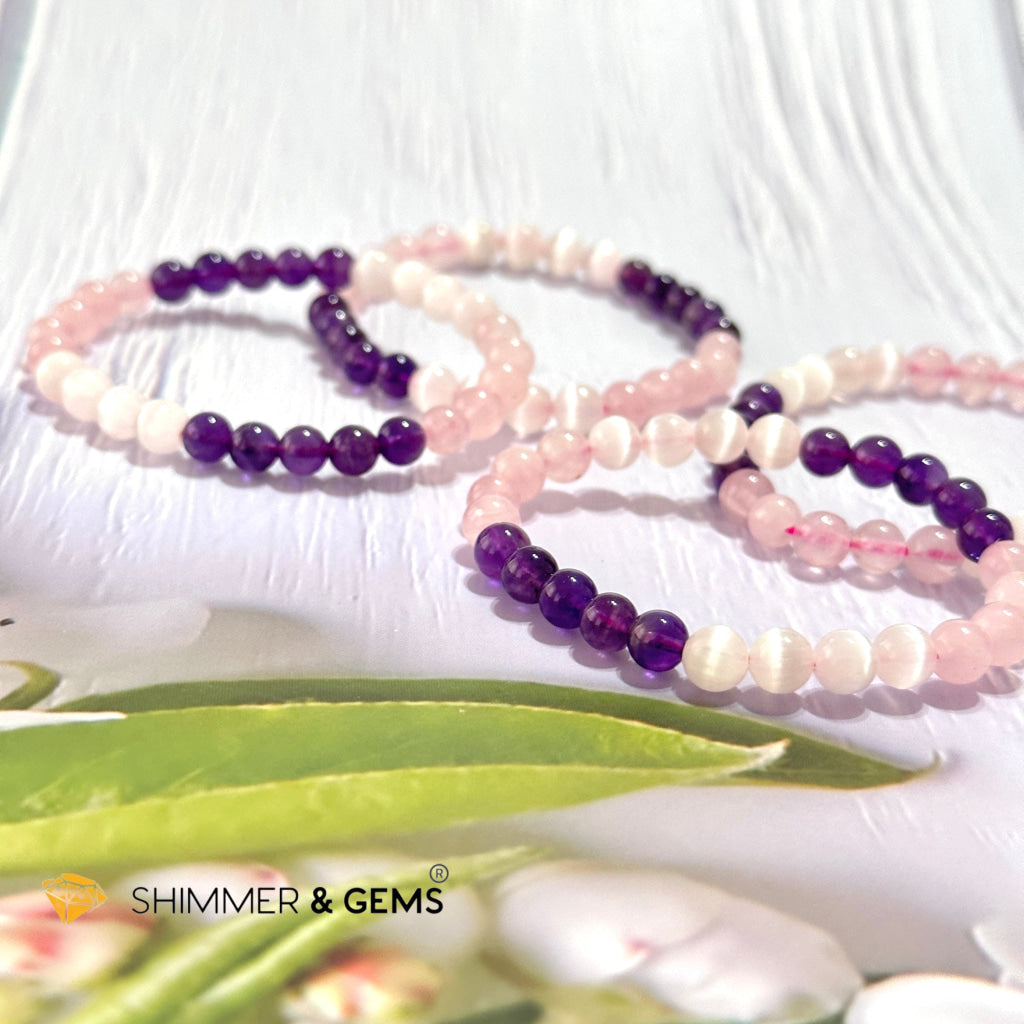 Happiness & Love 6Mm Bracelet (Rose Quartz Selenite Amethyst)