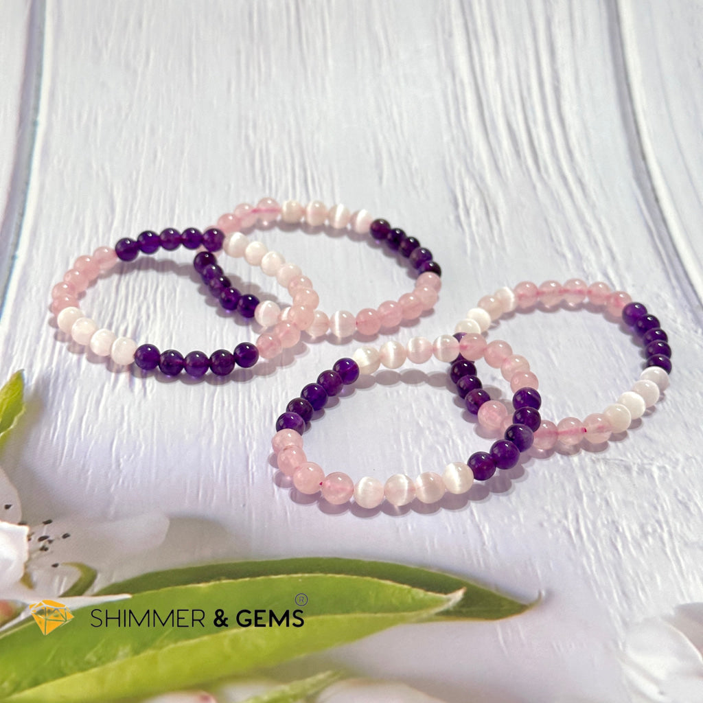 Happiness & Love 6Mm Bracelet (Rose Quartz Selenite Amethyst)