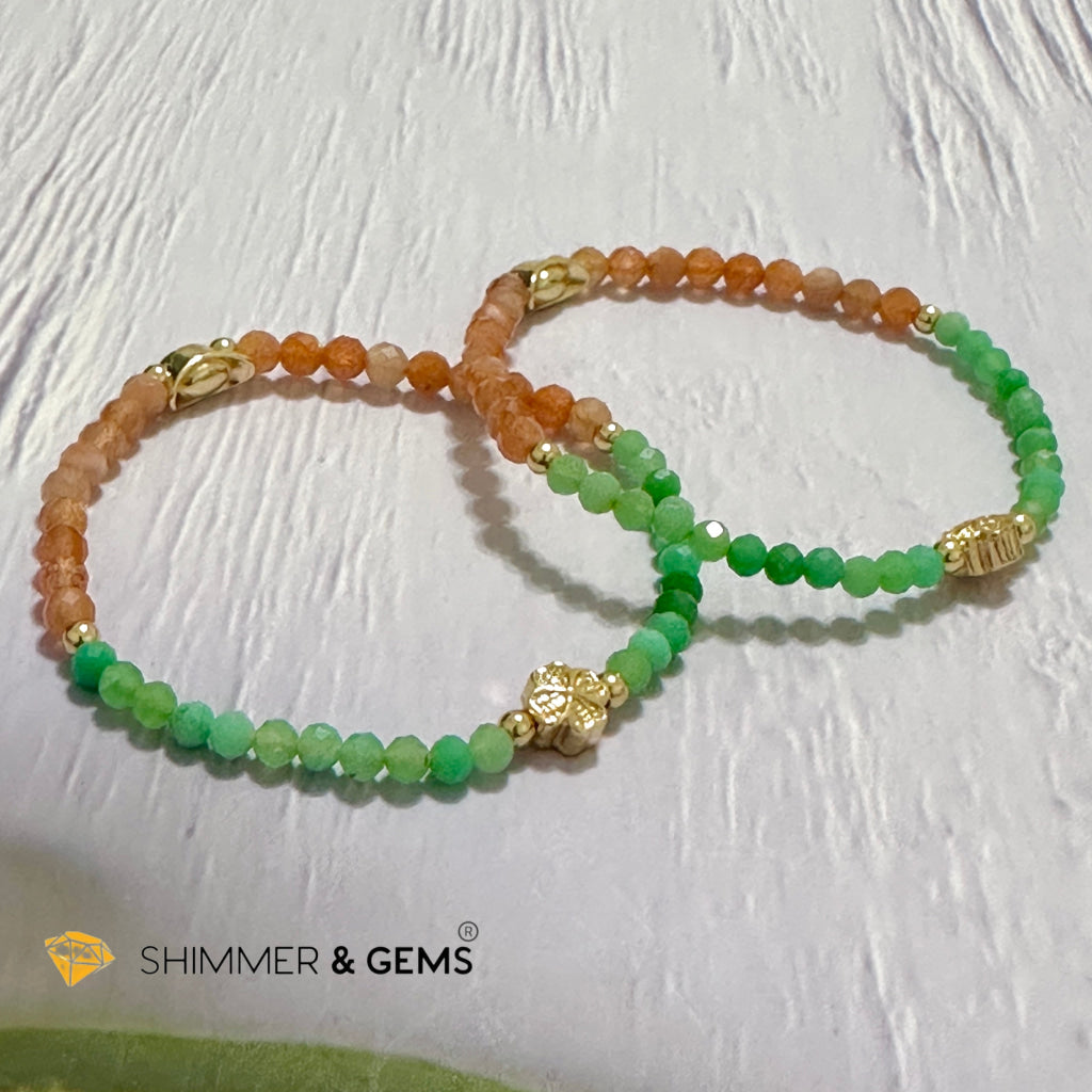 Happy Mood Lucky Bracelet (Sunstone & Chrysoprase 4mm Faceted with 14k Gold Plated Ingot & Clover Charms)