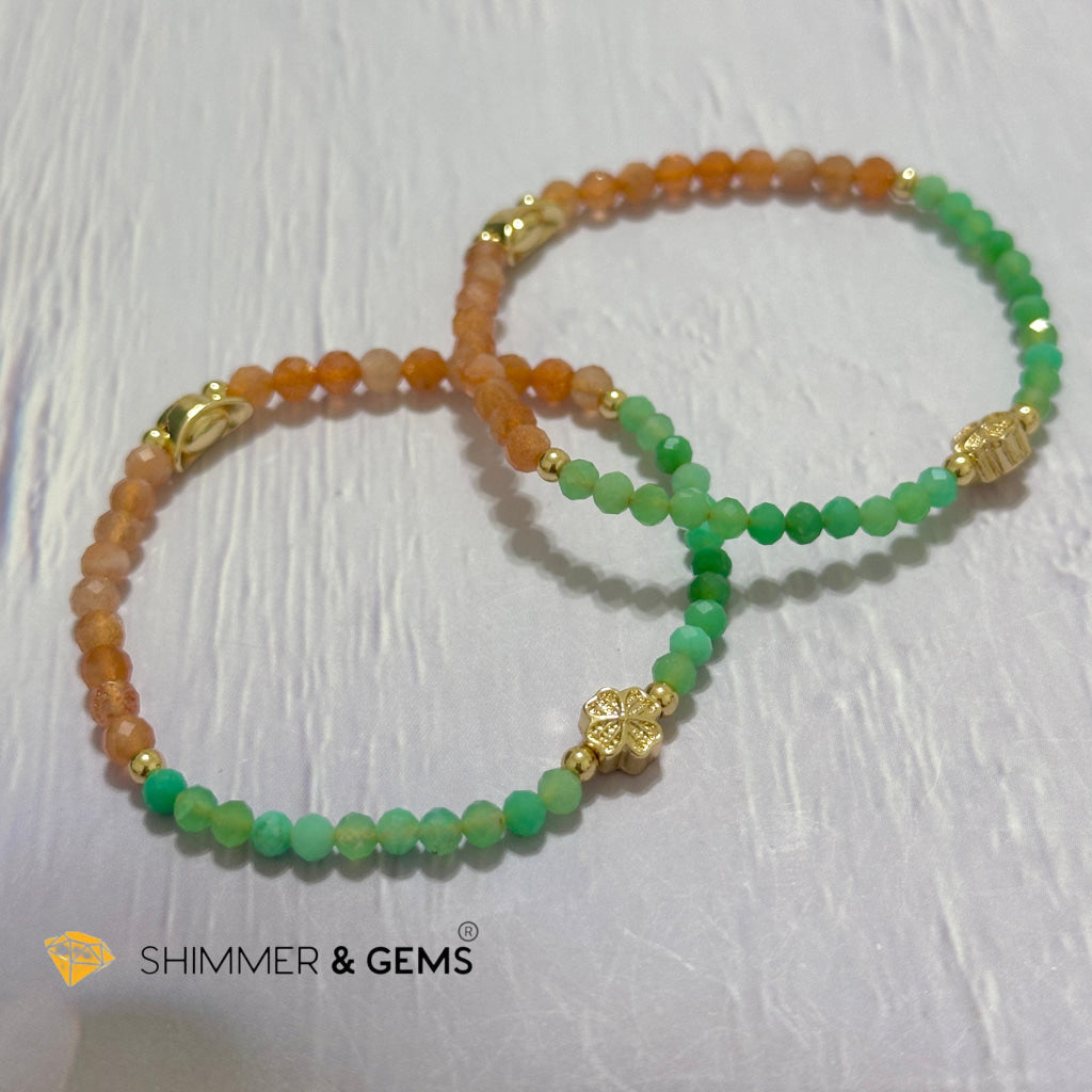 Happy Mood Lucky Bracelet (Sunstone & Chrysoprase 4mm Faceted with 14k Gold Plated Ingot & Clover Charms)