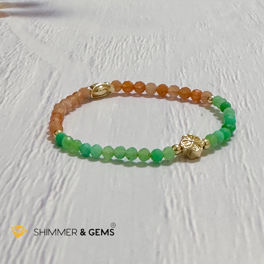 Happy Mood Lucky Bracelet (Sunstone & Chrysoprase 4mm Faceted with 14k Gold Plated Ingot & Clover Charms)