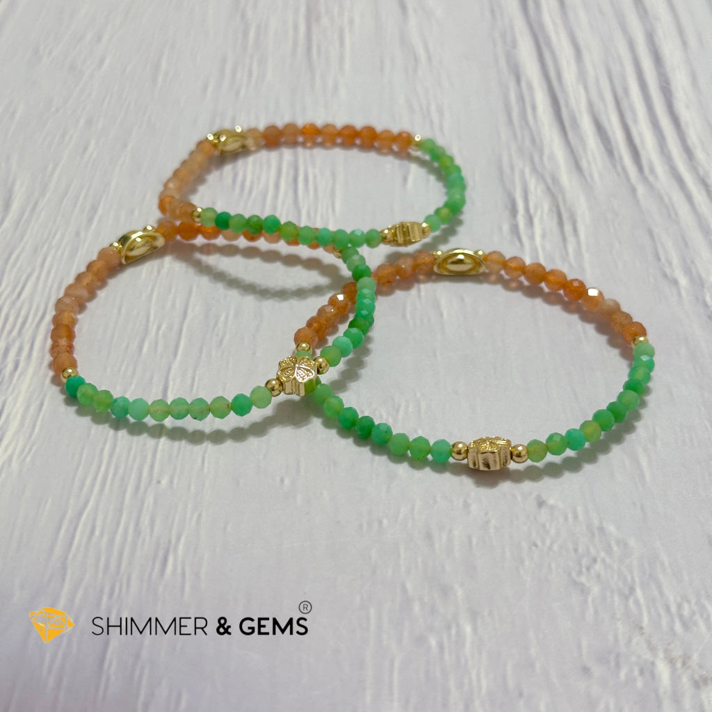 Happy Mood Lucky Bracelet (Sunstone & Chrysoprase 4mm Faceted with 14k Gold Plated Ingot & Clover Charms)