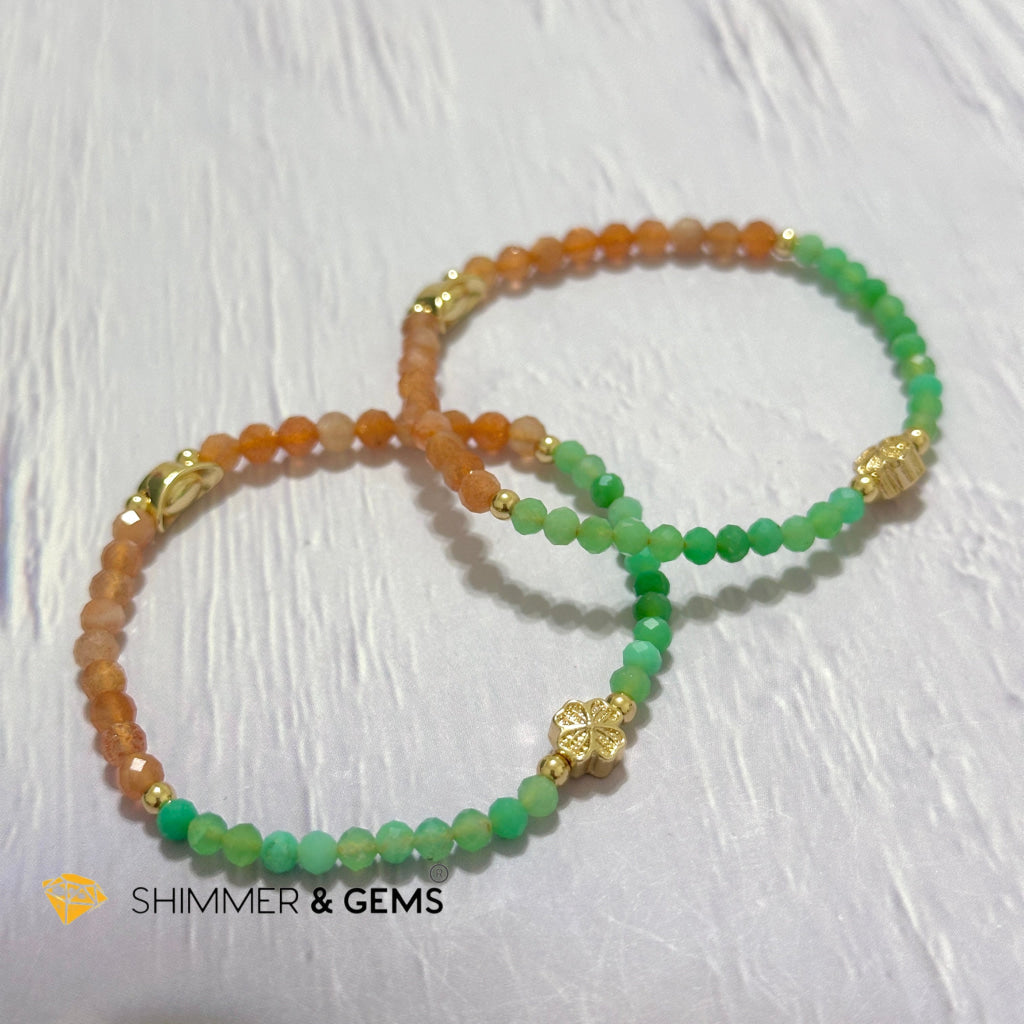 Happy Mood Lucky Bracelet (Sunstone & Chrysoprase 4mm Faceted with 14k Gold Plated Ingot & Clover Charms)