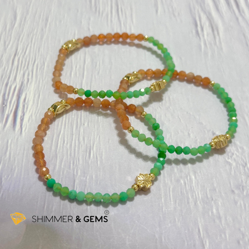 Happy Mood Lucky Bracelet (Sunstone & Chrysoprase 4mm Faceted with 14k Gold Plated Ingot & Clover Charms)