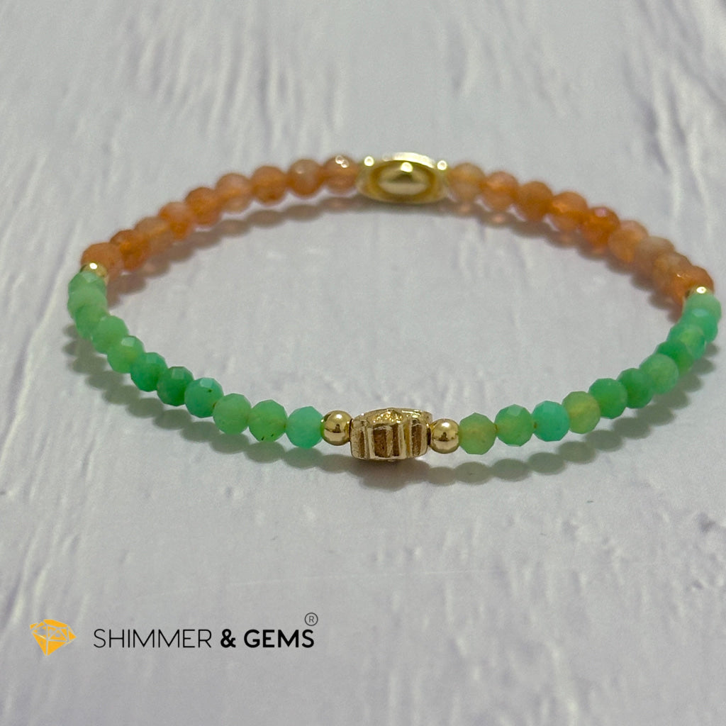 Happy Mood Lucky Bracelet (Sunstone & Chrysoprase 4mm Faceted with 14k Gold Plated Ingot & Clover Charms)