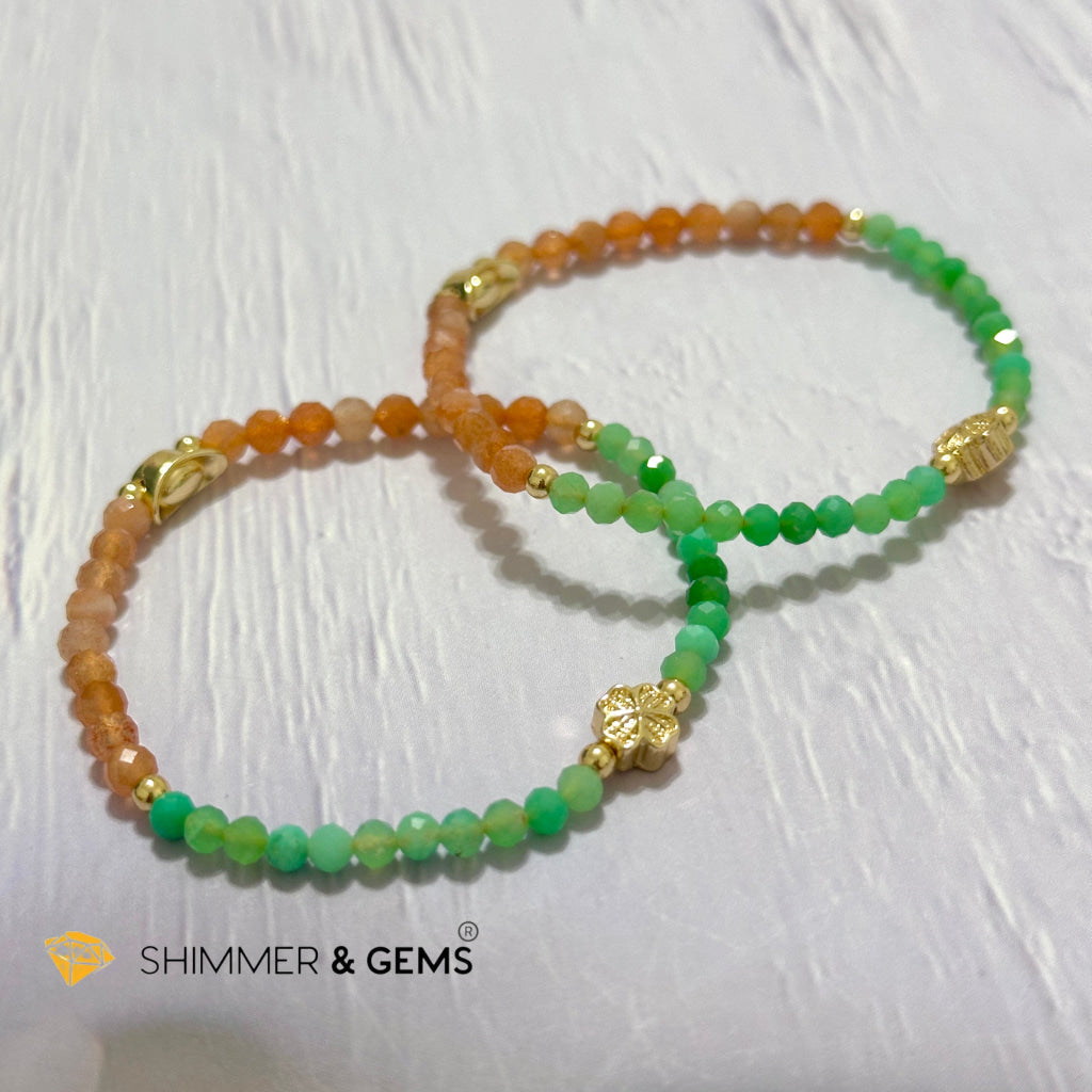 Happy Mood Lucky Bracelet (Sunstone & Chrysoprase 4mm Faceted with 14k Gold Plated Ingot & Clover Charms)