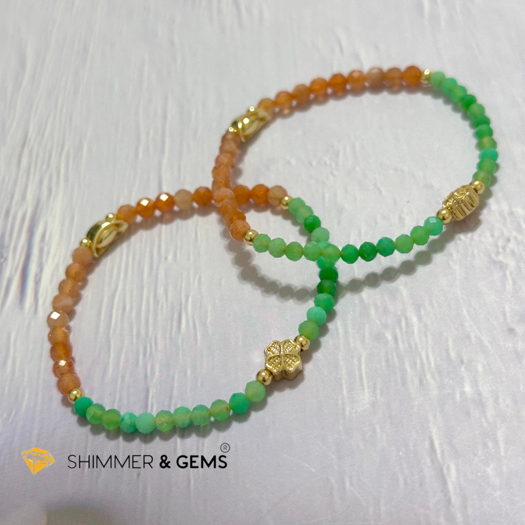 Happy Mood Lucky Bracelet (Sunstone & Chrysoprase 4mm Faceted with 14k Gold Plated Ingot & Clover Charms)
