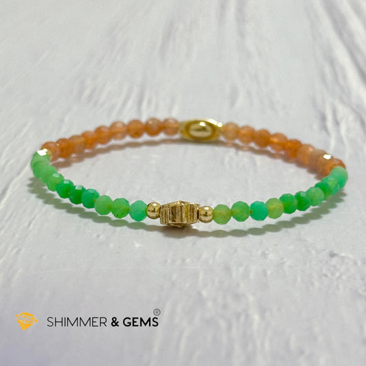 Happy Mood Lucky Bracelet (Sunstone & Chrysoprase 4mm Faceted with 14k Gold Plated Ingot & Clover Charms)