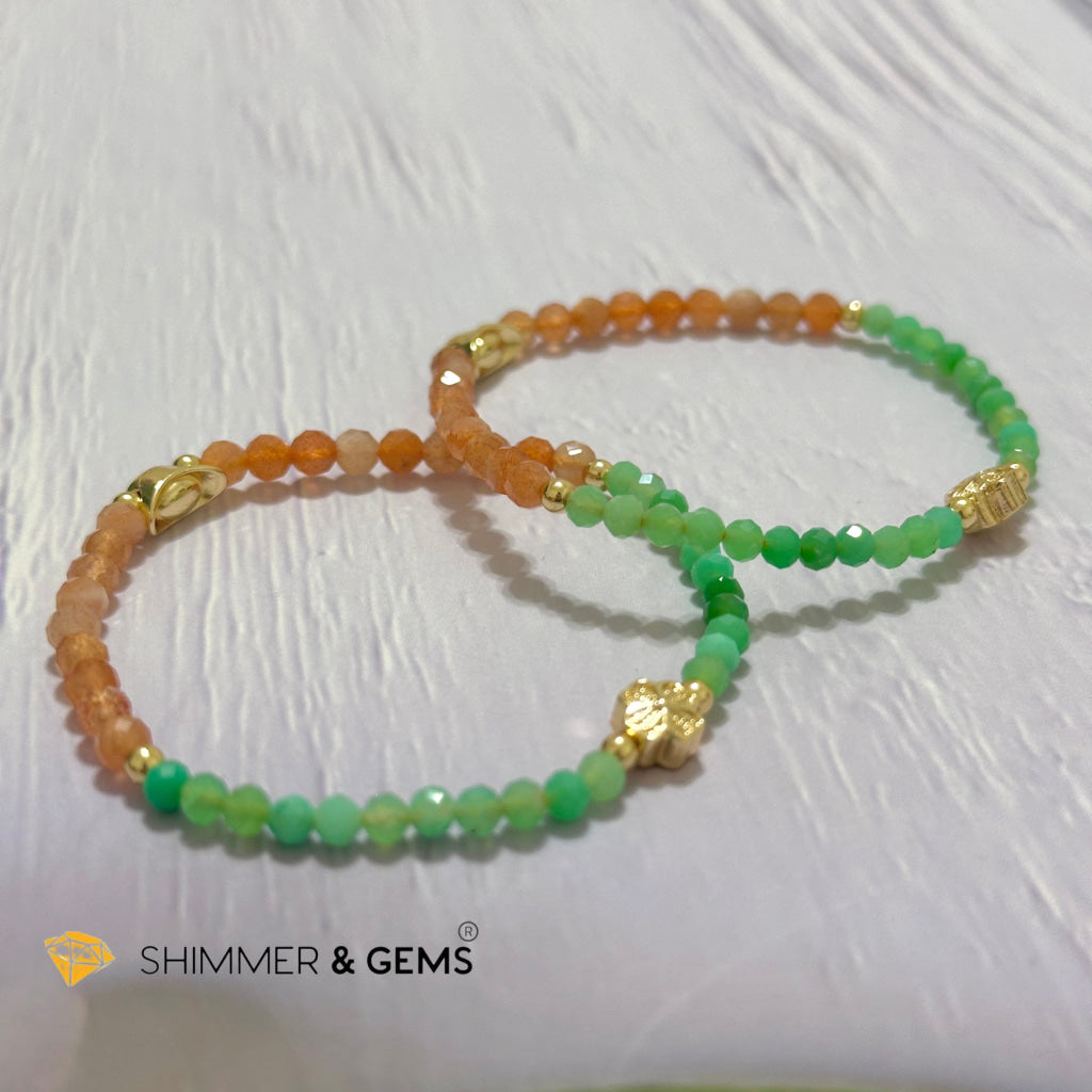 Happy Mood Lucky Bracelet (Sunstone & Chrysoprase 4mm Faceted with 14k Gold Plated Ingot & Clover Charms)