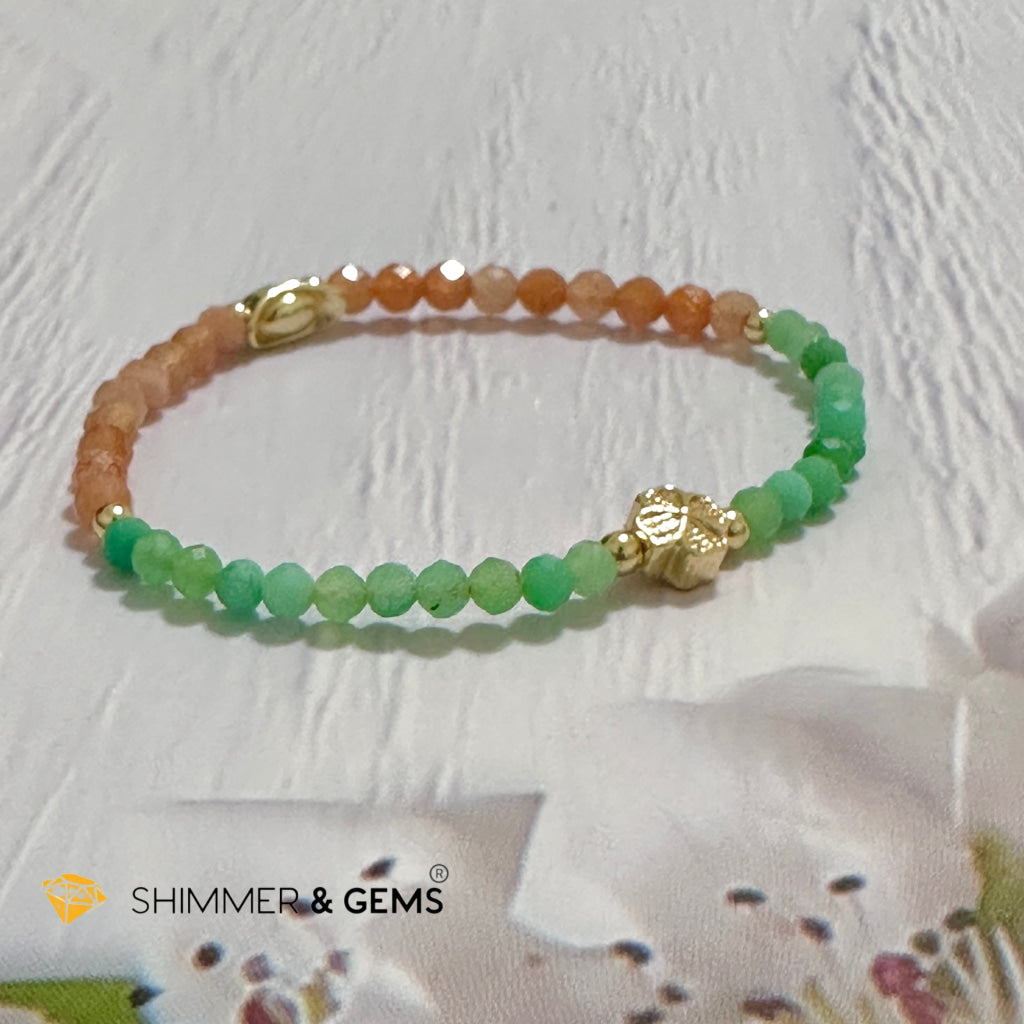 Happy Mood Lucky Bracelet (Sunstone & Chrysoprase 4mm Faceted with 14k Gold Plated Ingot & Clover Charms)