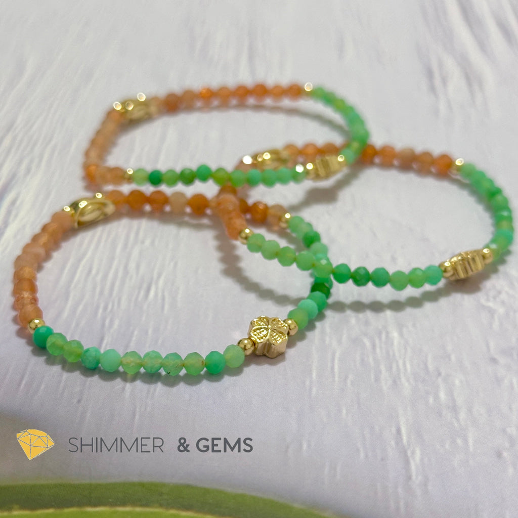 Happy Mood Lucky Bracelet (Sunstone & Chrysoprase 4mm Faceted with 14k Gold Plated Ingot & Clover Charms)