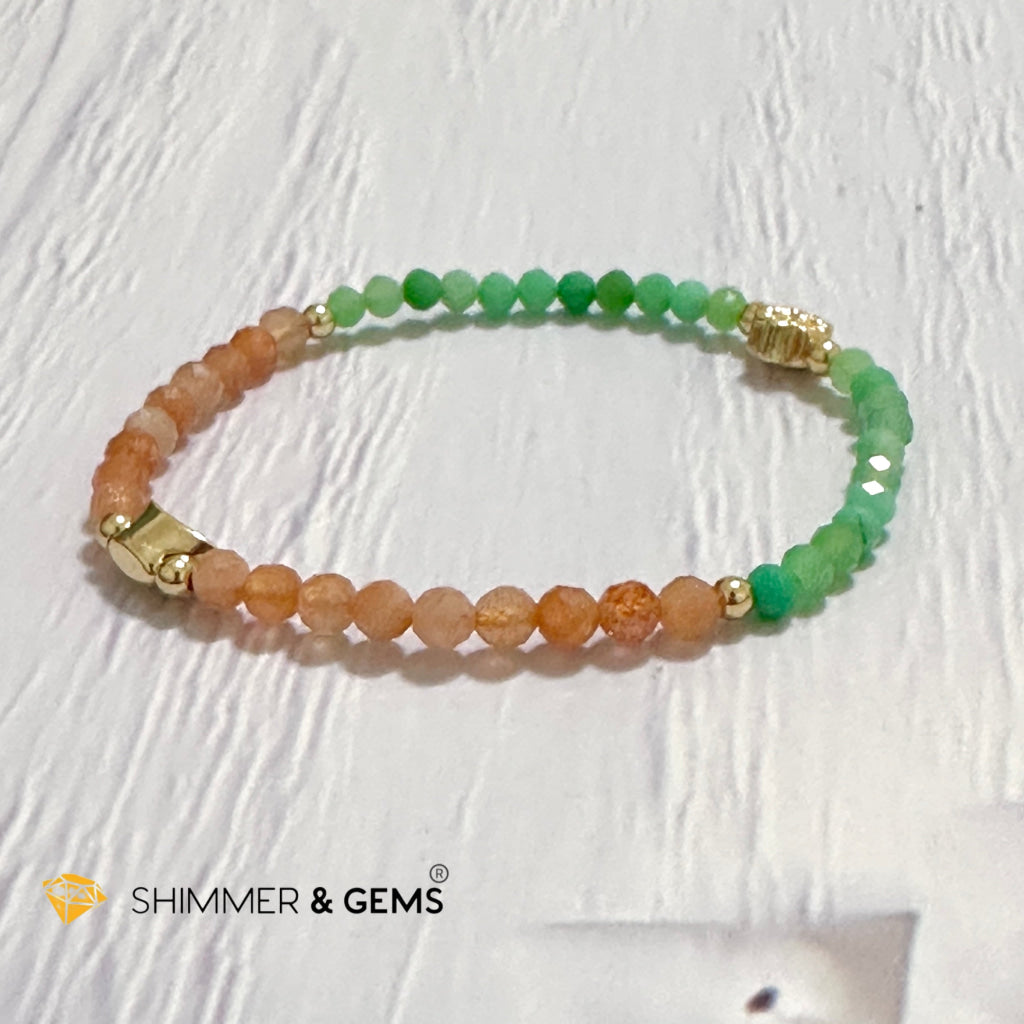 Happy Mood Lucky Bracelet (Sunstone & Chrysoprase 4mm Faceted with 14k Gold Plated Ingot & Clover Charms)