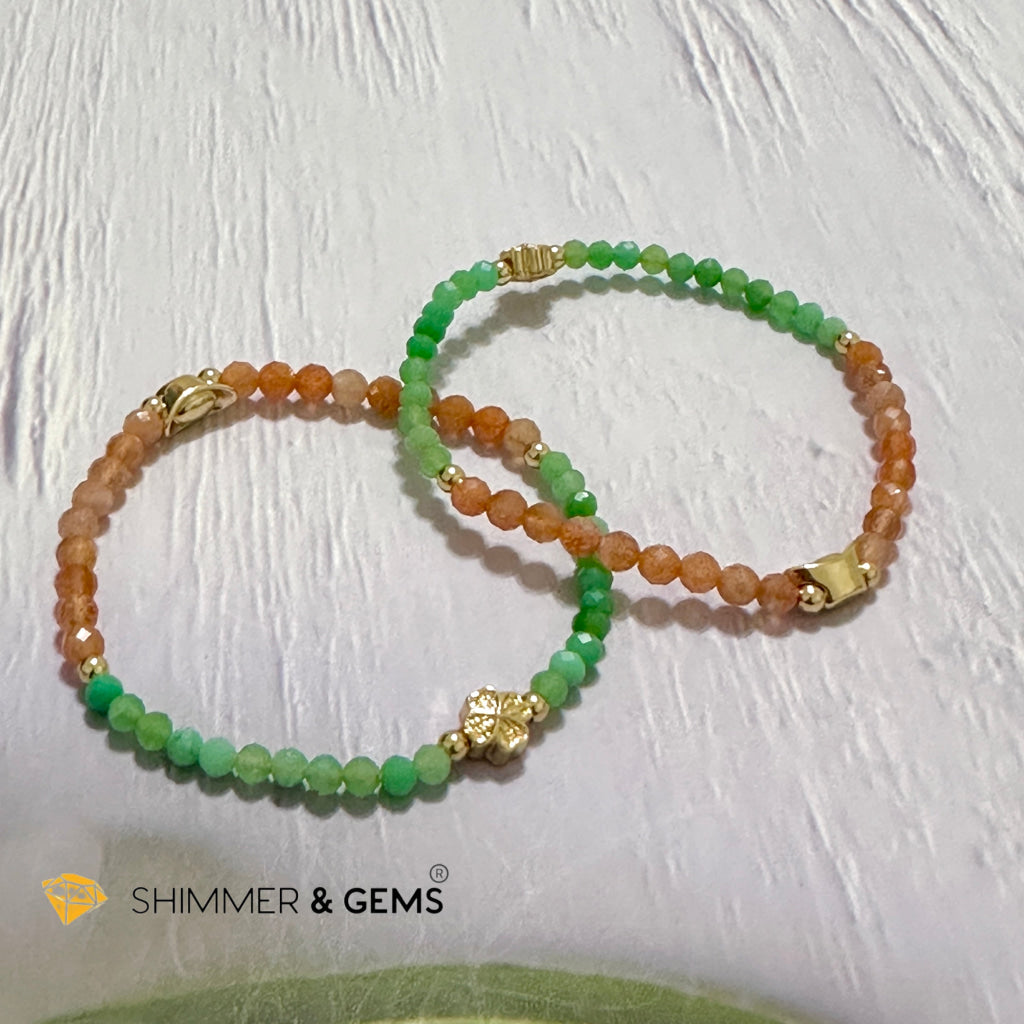 Happy Mood Lucky Bracelet (Sunstone & Chrysoprase 4mm Faceted with 14k Gold Plated Ingot & Clover Charms)