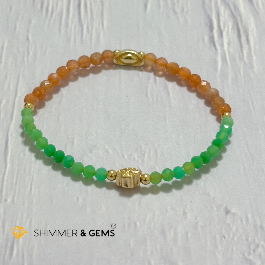 Happy Mood Lucky Bracelet (Sunstone & Chrysoprase 4mm Faceted with 14k Gold Plated Ingot & Clover Charms)