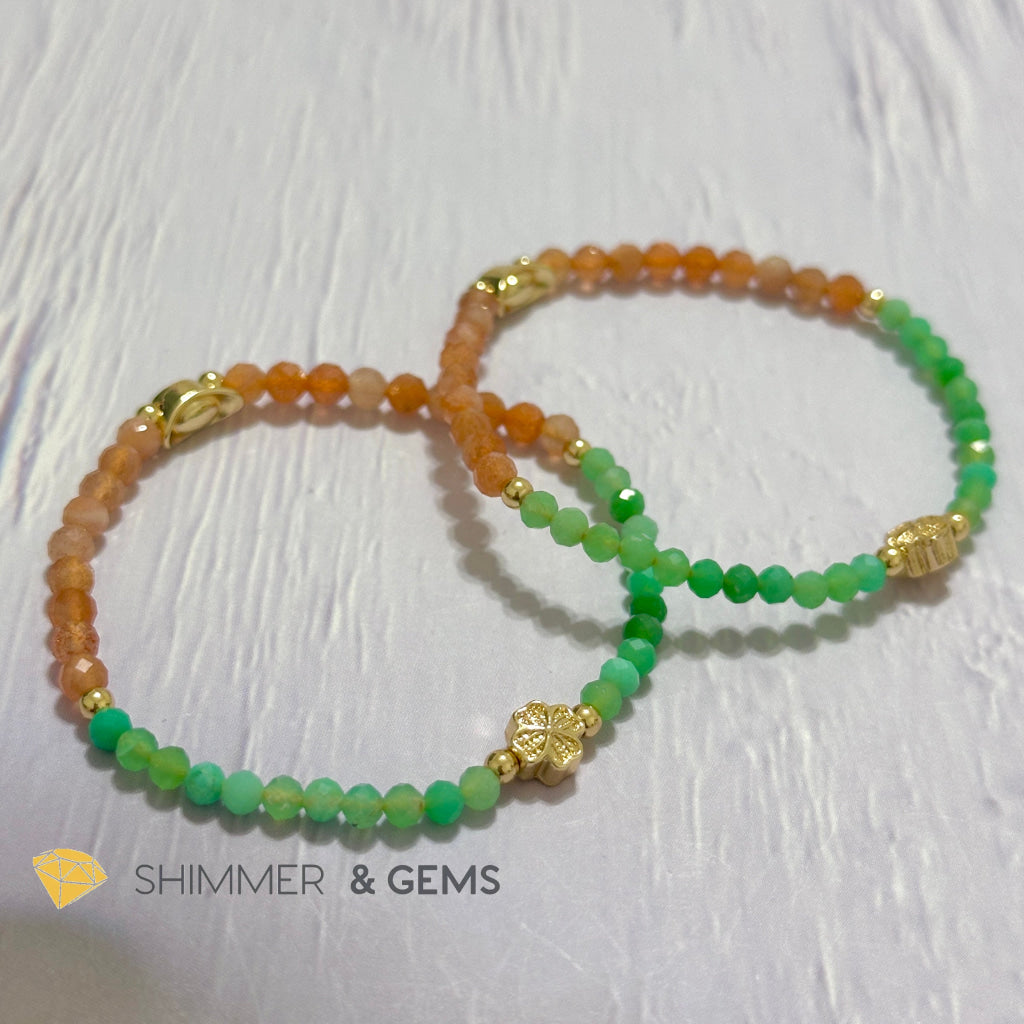 Happy Mood Lucky Bracelet (Sunstone & Chrysoprase 4mm Faceted with 14k Gold Plated Ingot & Clover Charms)