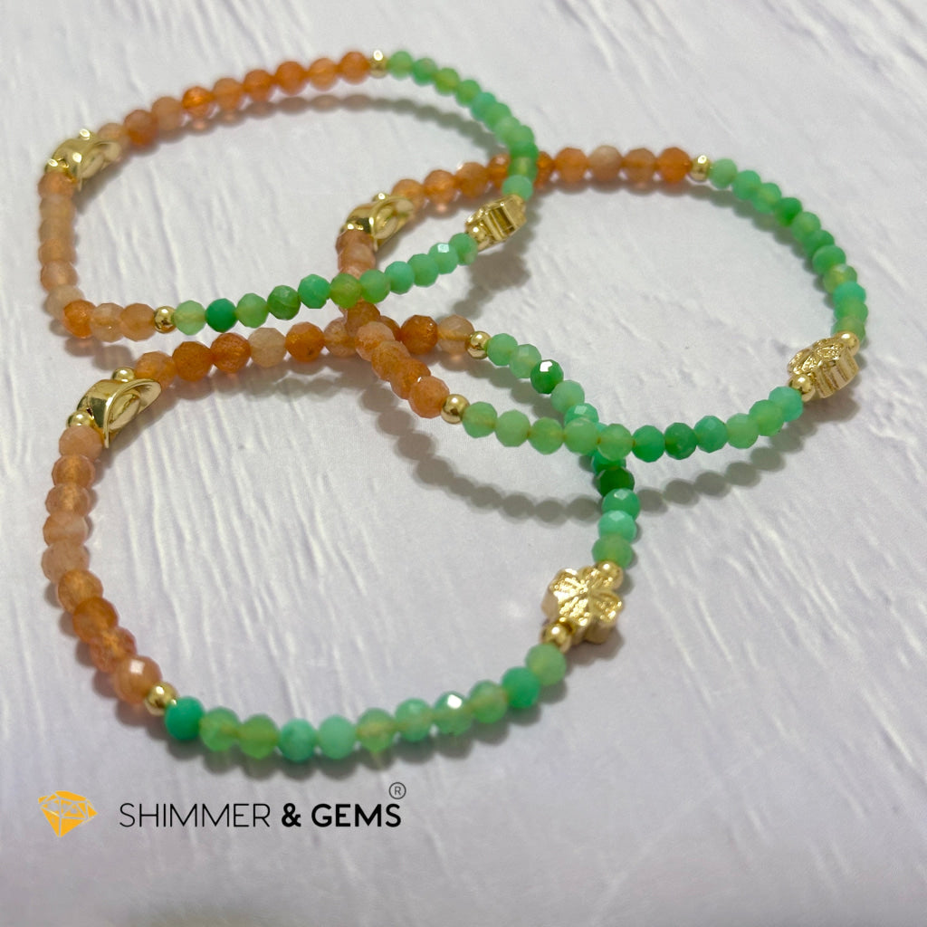 Happy Mood Lucky Bracelet (Sunstone & Chrysoprase 4mm Faceted with 14k Gold Plated Ingot & Clover Charms)