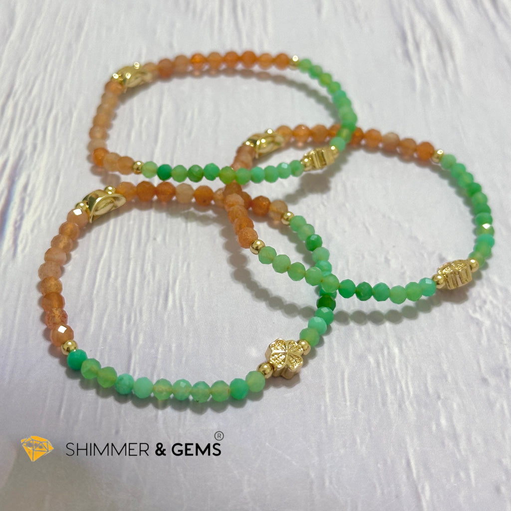 Happy Mood Lucky Bracelet (Sunstone & Chrysoprase 4mm Faceted with 14k Gold Plated Ingot & Clover Charms)