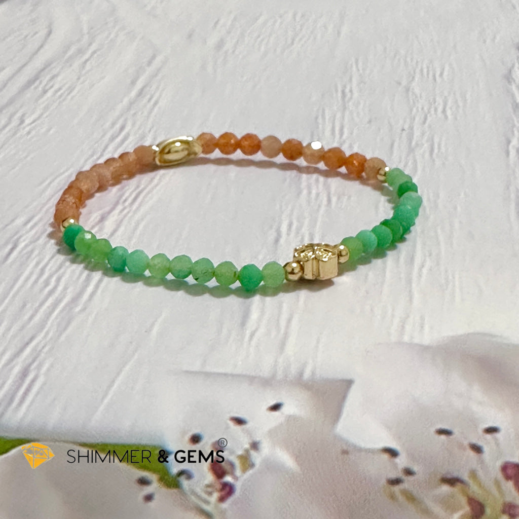 Happy Mood Lucky Bracelet (Sunstone & Chrysoprase 4mm Faceted with 14k Gold Plated Ingot & Clover Charms)