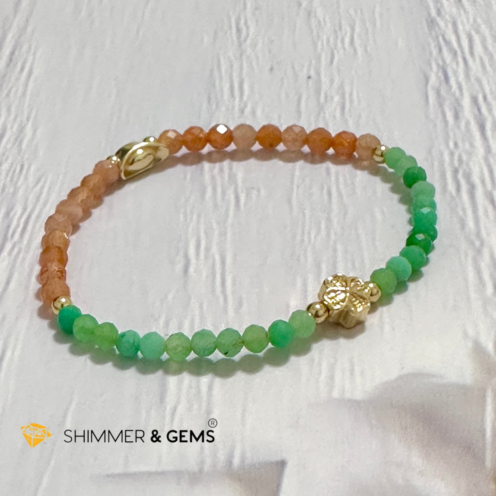 Happy Mood Lucky Bracelet (Sunstone & Chrysoprase 4mm Faceted with 14k Gold Plated Ingot & Clover Charms)