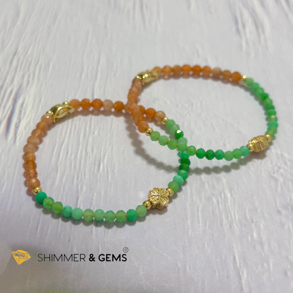 Happy Mood Lucky Bracelet (Sunstone & Chrysoprase 4mm Faceted with 14k Gold Plated Ingot & Clover Charms)