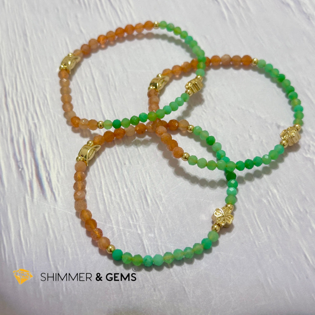 Happy Mood Lucky Bracelet (Sunstone & Chrysoprase 4mm Faceted with 14k Gold Plated Ingot & Clover Charms)