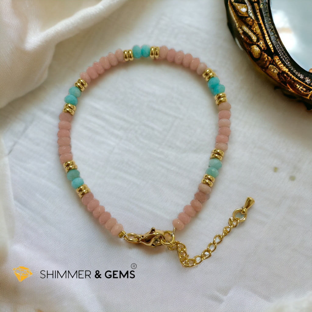 Heal Trauma Bracelet (Pink Opal & Amazonite 4mm Rondelle)with stainless steel chain