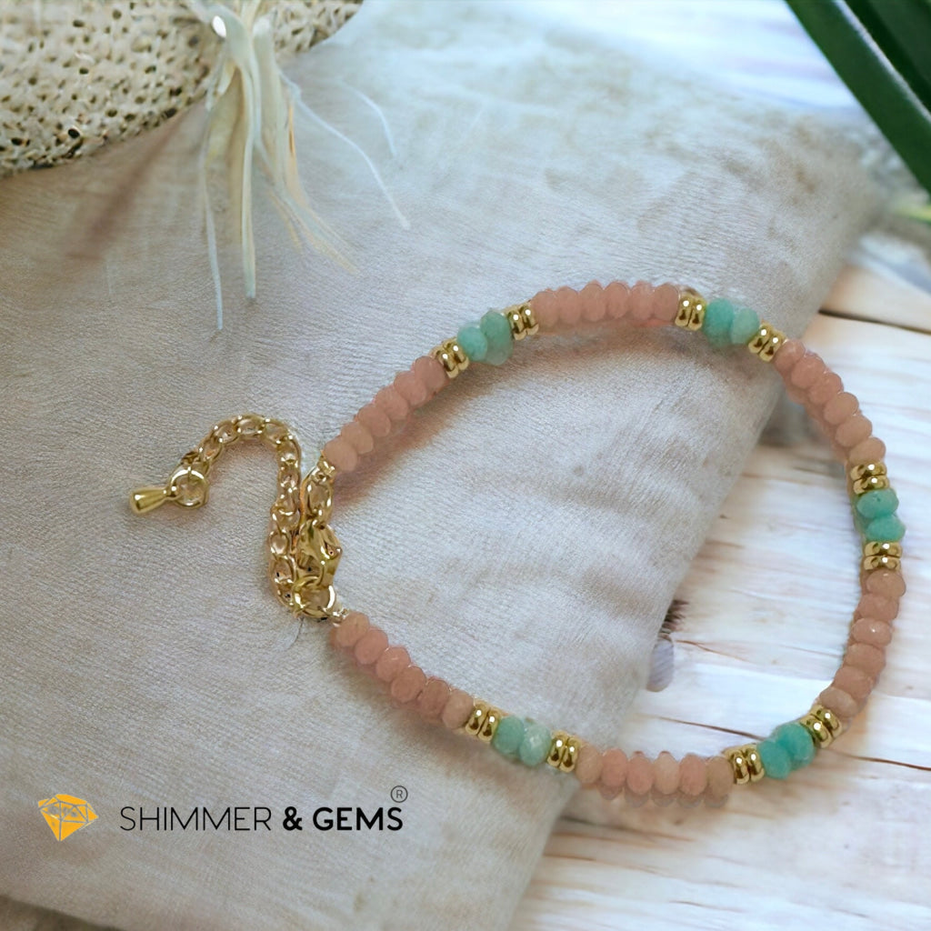 Heal Trauma Bracelet (Pink Opal & Amazonite 4mm Rondelle)with stainless steel chain