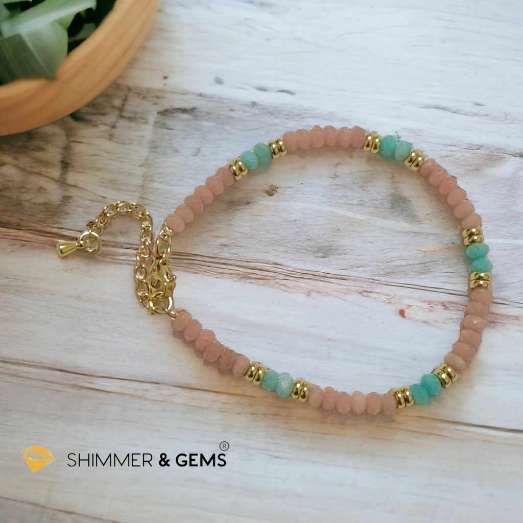 Heal Trauma Bracelet (Pink Opal & Amazonite 4mm Rondelle)with stainless steel chain