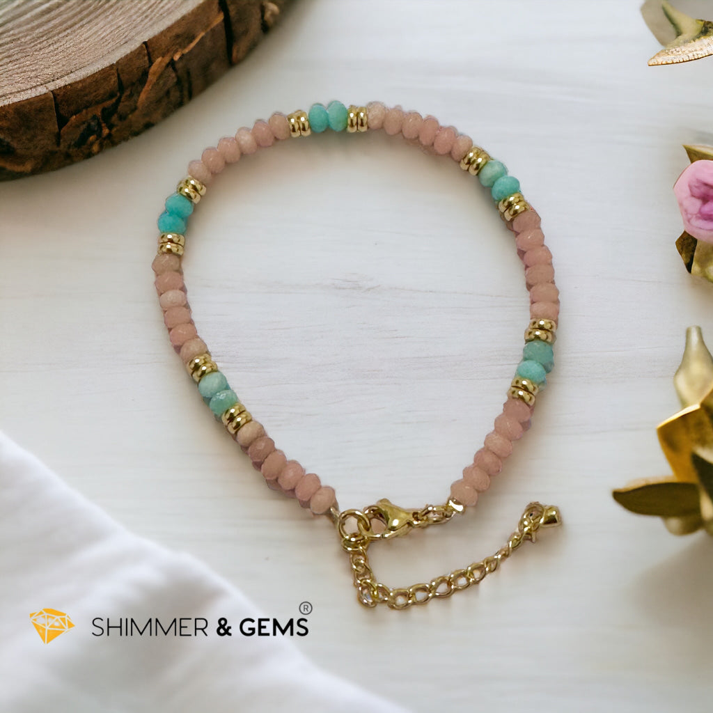 Heal Trauma Bracelet (Pink Opal & Amazonite 4mm Rondelle)with stainless steel chain