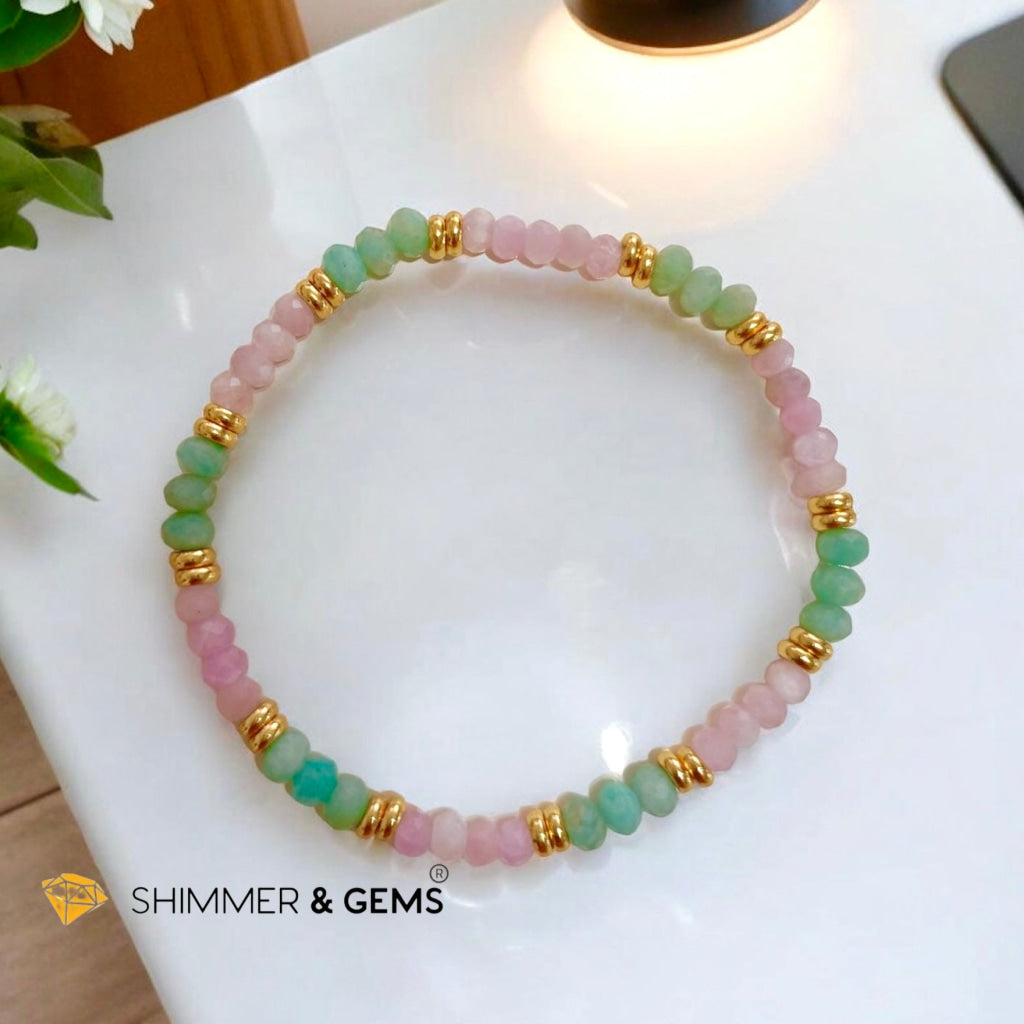 Healthy Heart Bracelet (Amazonite & Kunzite 3x4mm Rondelle) with Stainless Steel Beads