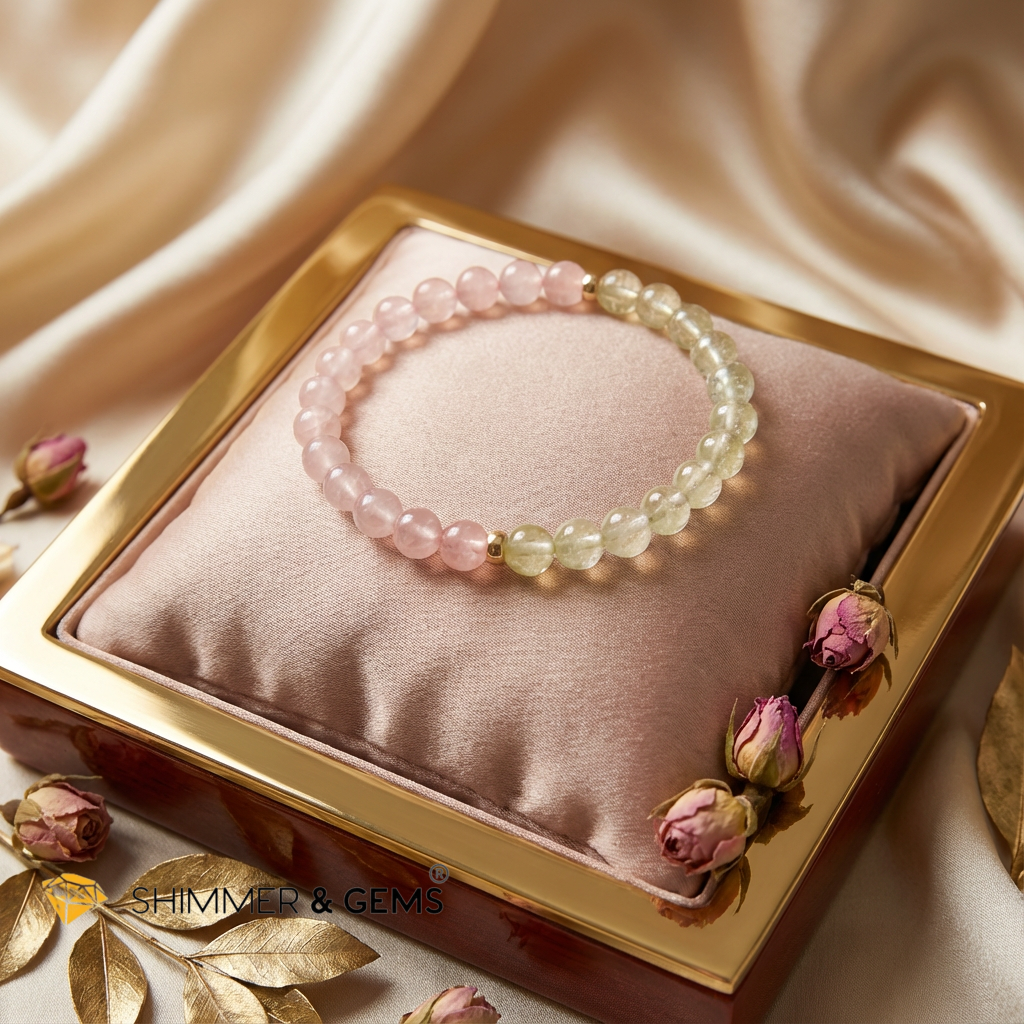 Heart Glow Bracelet (6mm Libyan Desert Glass · Rose Quartz) 14k Gold Filled