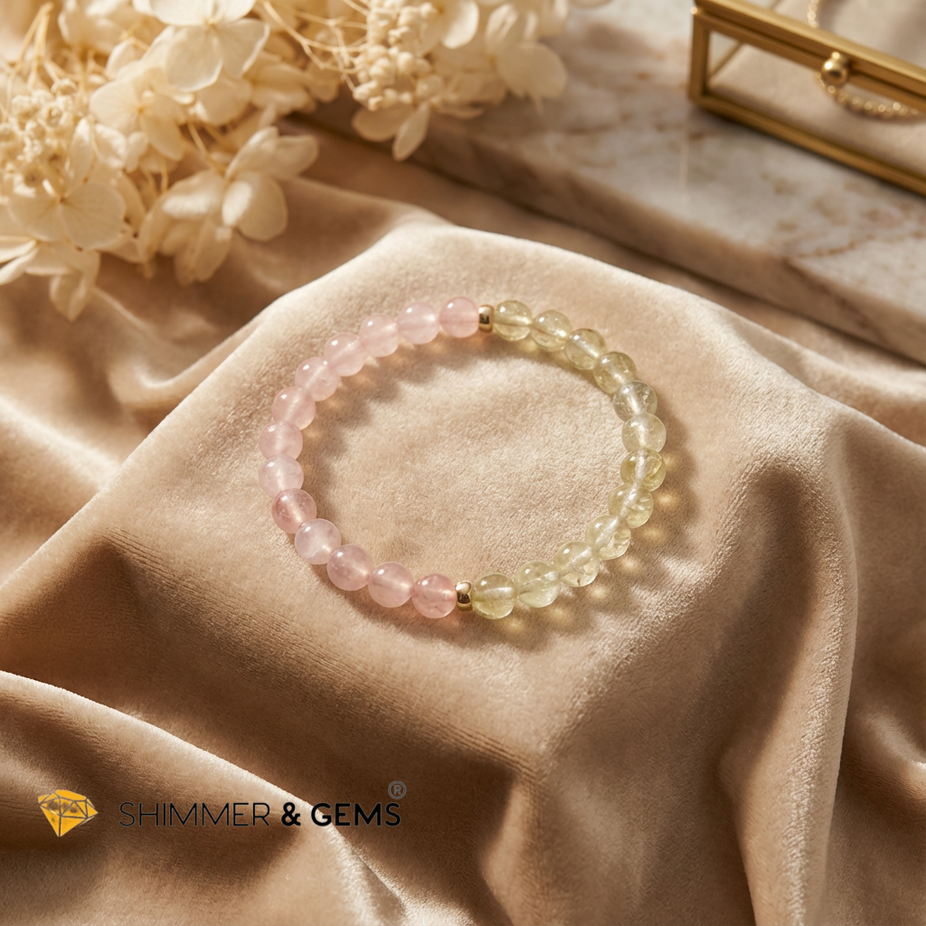Heart Glow Bracelet (6mm Libyan Desert Glass · Rose Quartz) 14k Gold Filled