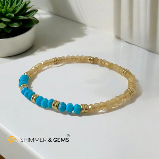 Honey Jade & Turquoise 3x4 Rondelle Bracelet with Stainless Steel Beads (Rare)