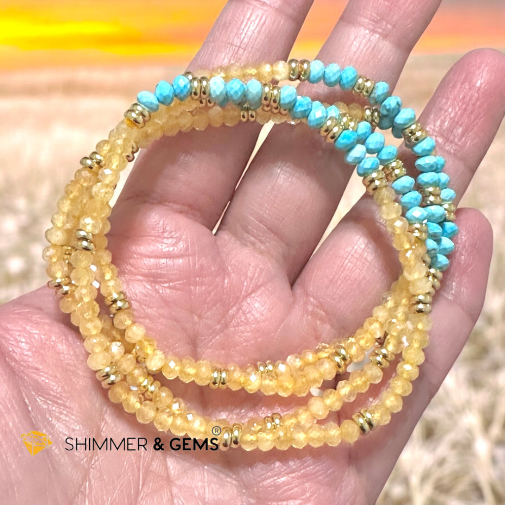 Honey Jade & Turquoise 3x4 Rondelle Bracelet with Stainless Steel Beads (Rare)