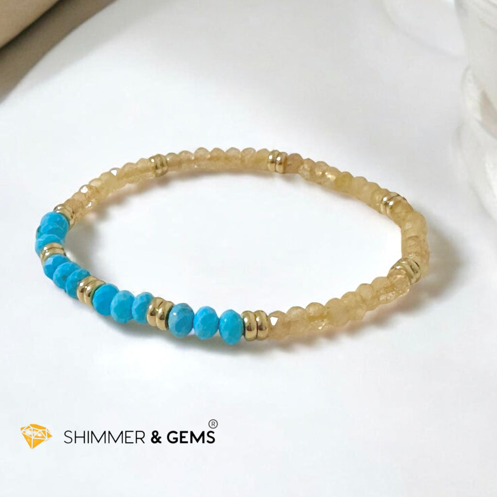 Honey Jade & Turquoise 3x4 Rondelle Bracelet with Stainless Steel Beads (Rare)