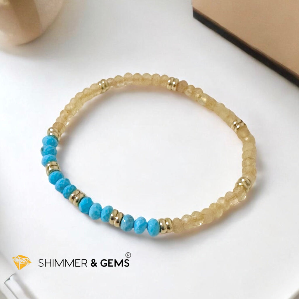 Honey Jade & Turquoise 3x4 Rondelle Bracelet with Stainless Steel Beads (Rare)