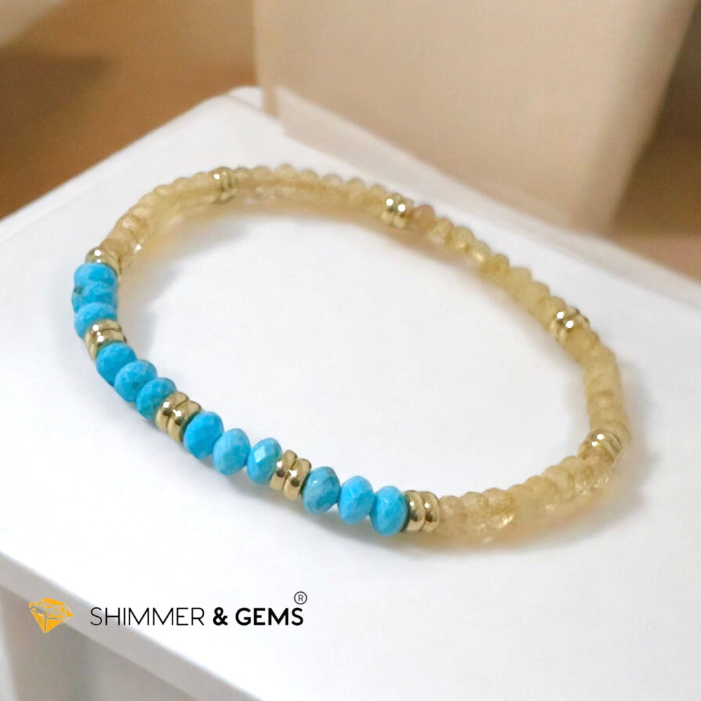 Honey Jade & Turquoise 3x4 Rondelle Bracelet with Stainless Steel Beads (Rare)