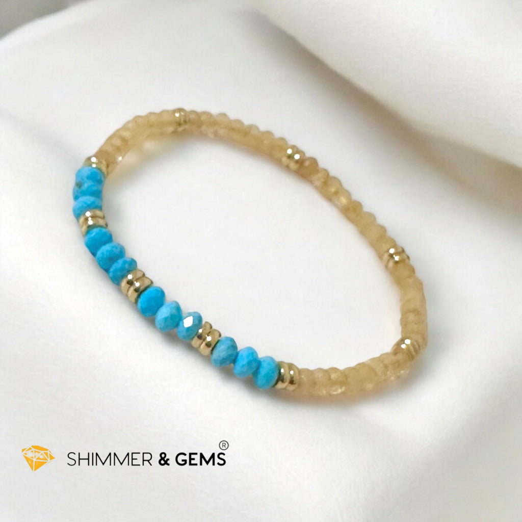 Honey Jade & Turquoise 3x4 Rondelle Bracelet with Stainless Steel Beads (Rare)