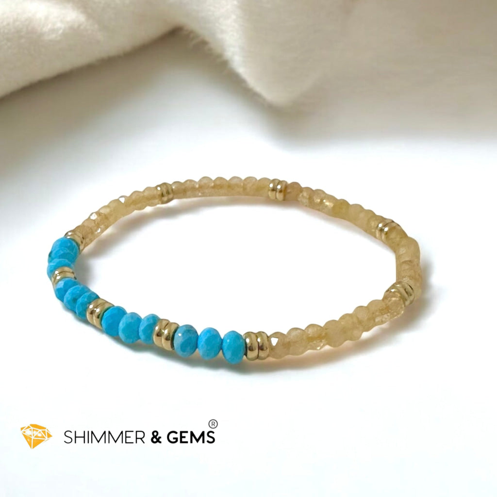 Honey Jade & Turquoise 3x4 Rondelle Bracelet with Stainless Steel Beads (Rare)