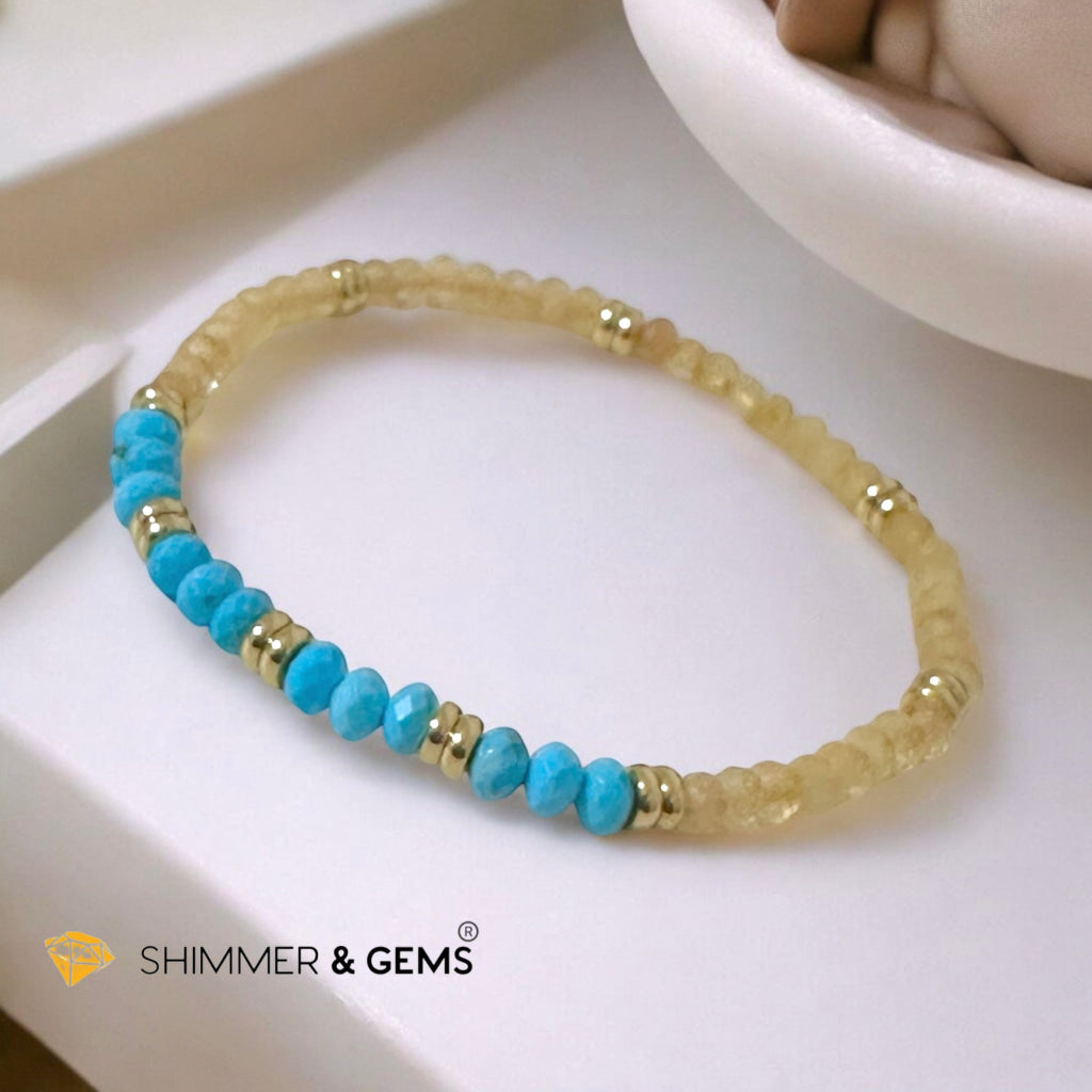 Honey Jade & Turquoise 3x4 Rondelle Bracelet with Stainless Steel Beads (Rare)