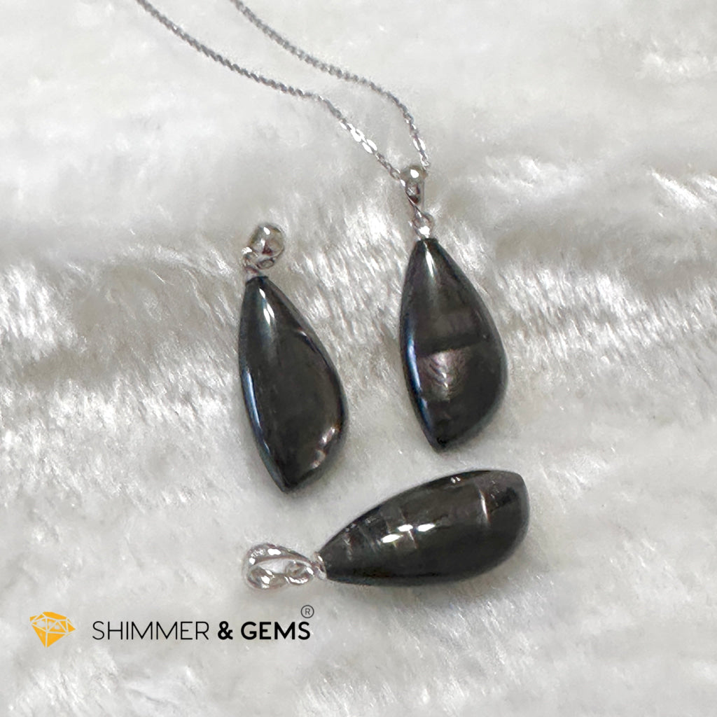 Hypersthene 925 Silver Petal Pendant (Egypt) AAA Grade (12x25x7mm)