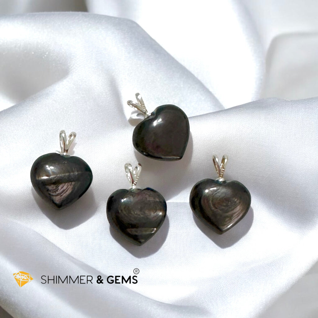 Hypersthene Heart 20mm Pendant 925 Silver- Ultimate Lucky Charm for Wealth & Fortune