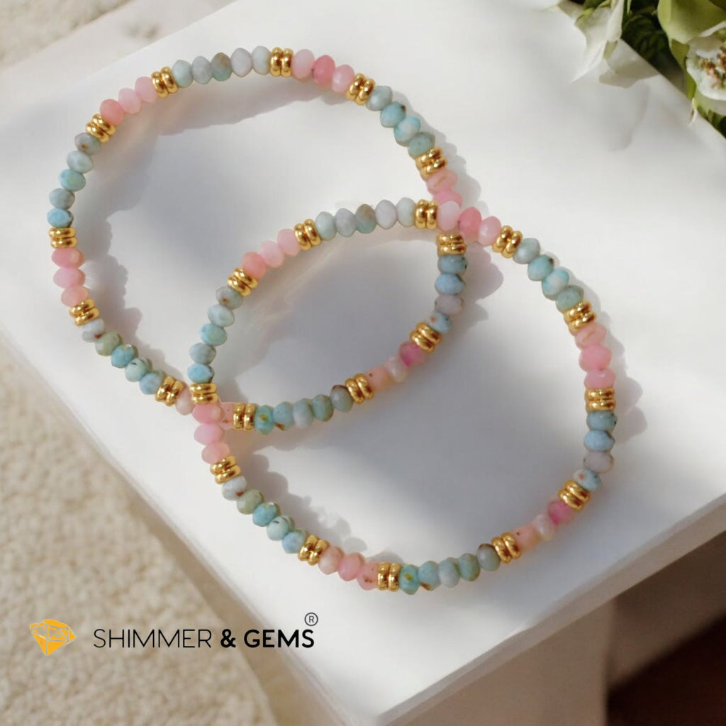 Immune Booster Bracelet (Pink Opal & Larimar 3x4mm Rondelle) with Stainless Steel Beads