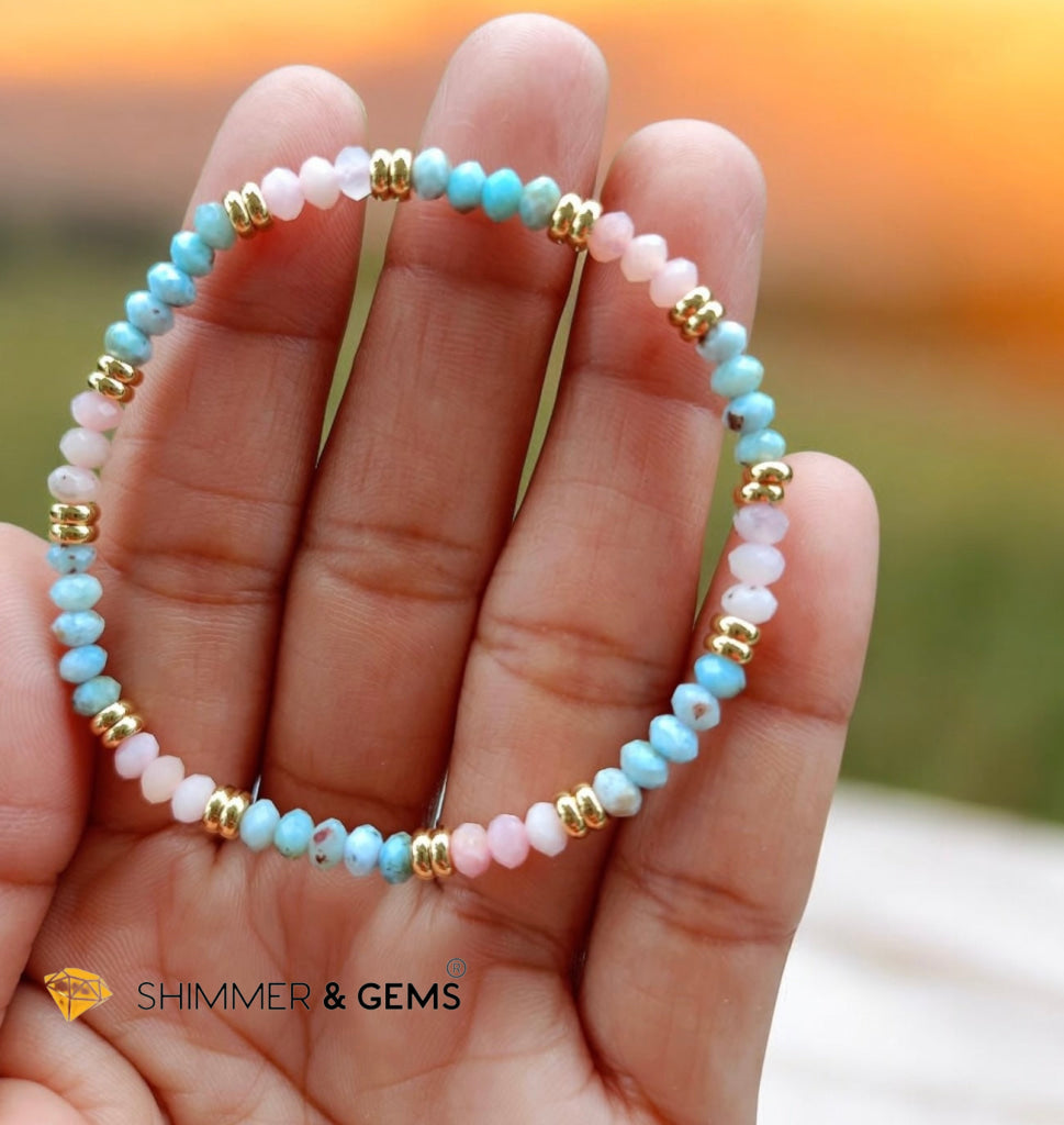 Immune Booster Bracelet (Pink Opal & Larimar 3x4mm Rondelle) with Stainless Steel Beads