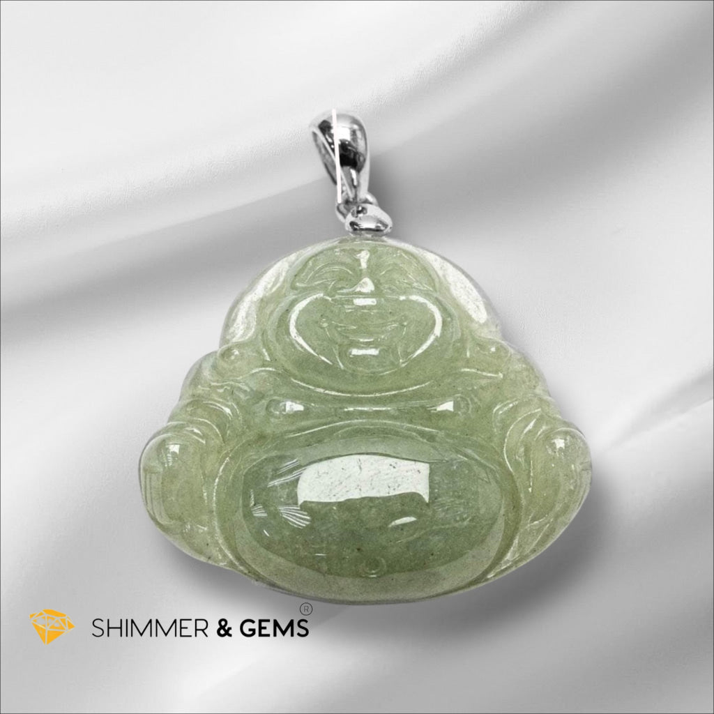 Jadeite Laughing Buddha Pendant 25mm 925 Silver (Myanmar) Encoded & Activated