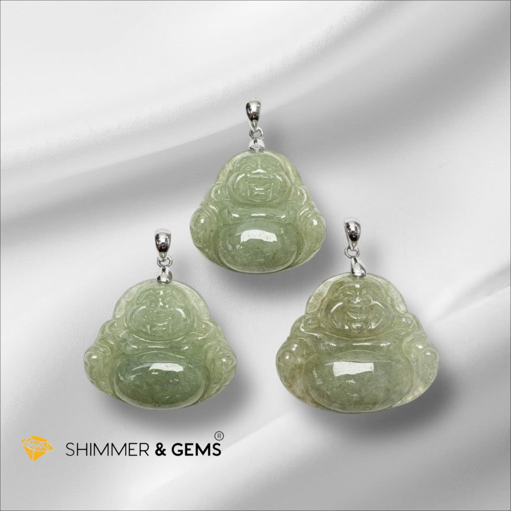 Jadeite Laughing Buddha Pendant 25mm 925 Silver (Myanmar) Encoded & Activated