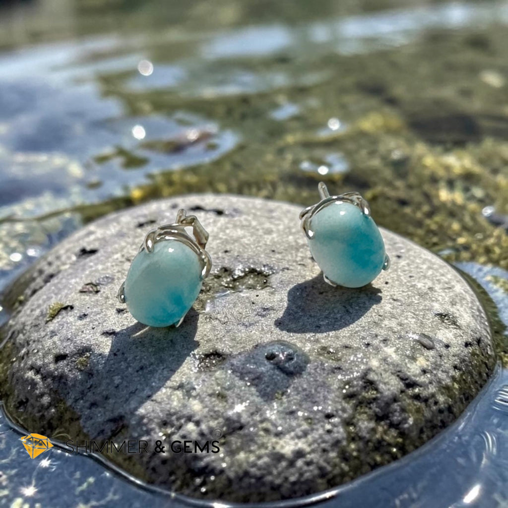 Larimar 6×8mm Oval 925 Silver Earrings