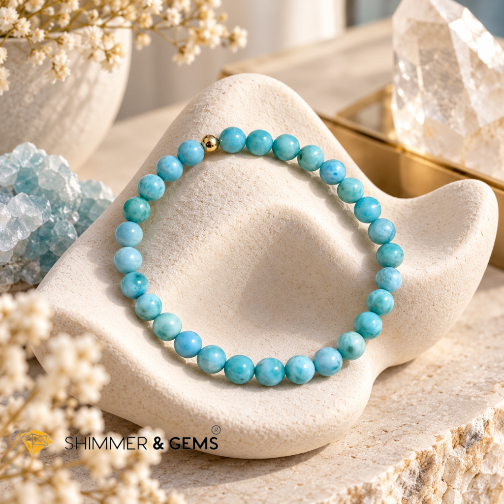Larimar 6mm Bracelet with 14k gold filled bead (Premium)AAAA